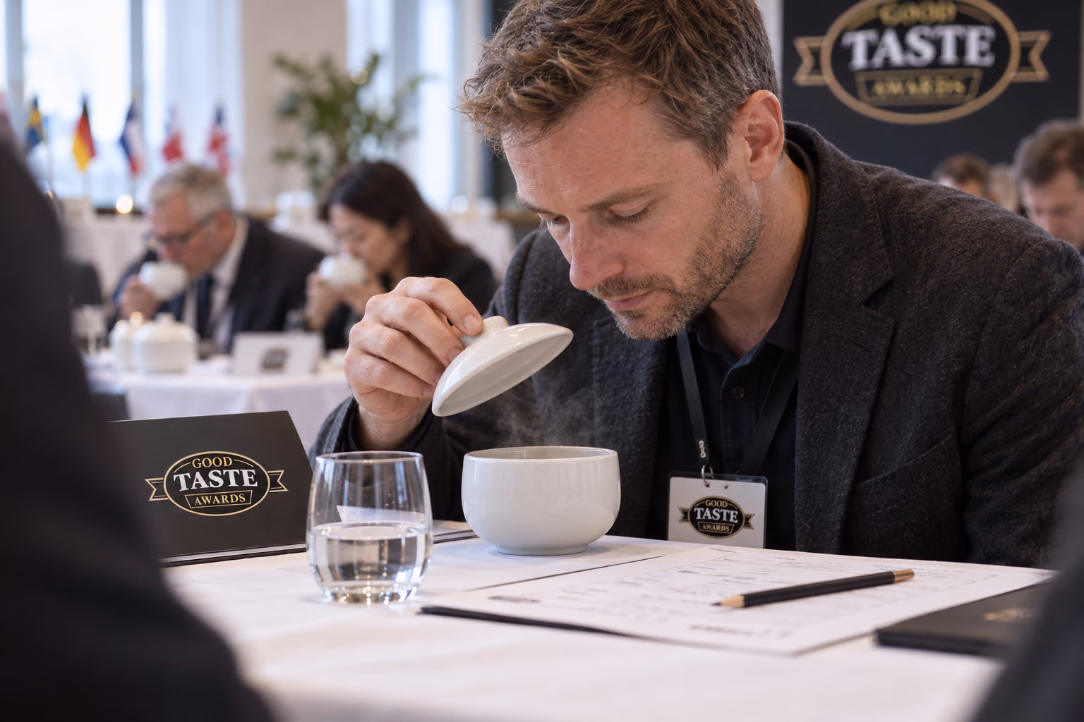 An assessor considering the aroma of a product