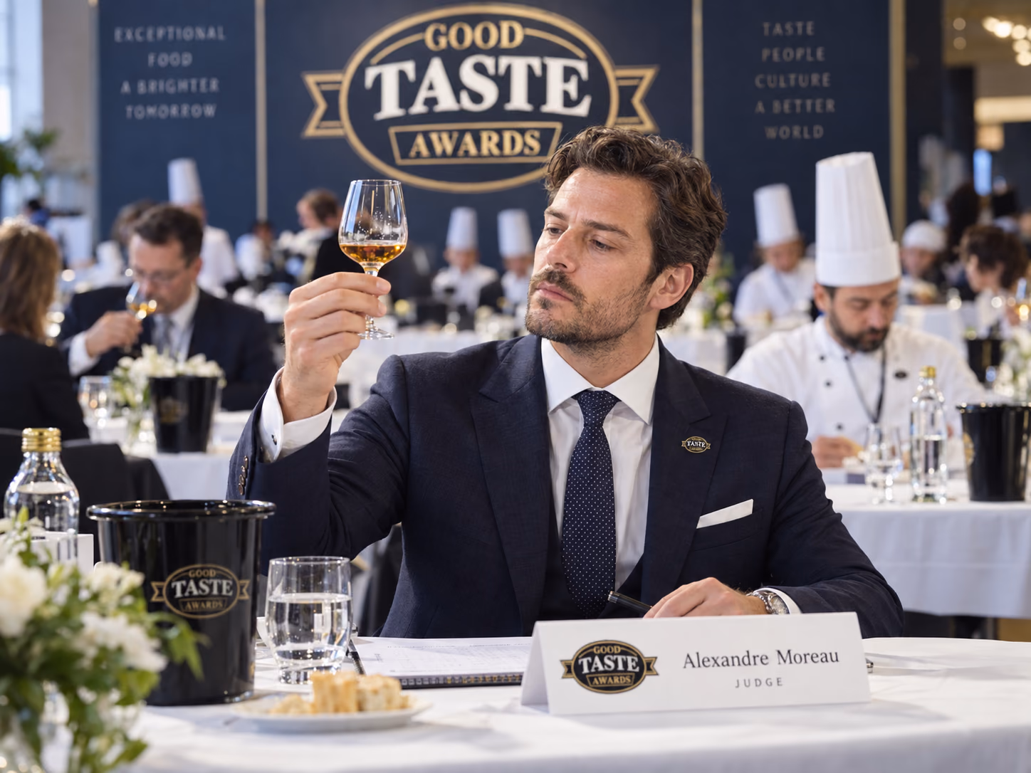 An assessor examining a beverage during a defined tasting