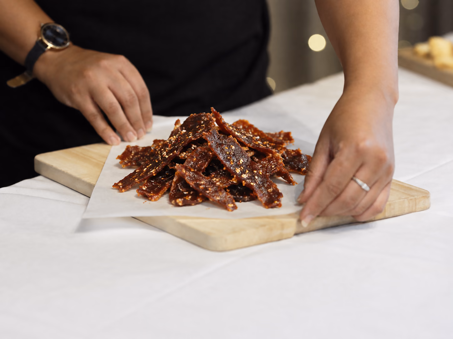 A savoury food product being prepared for assessment